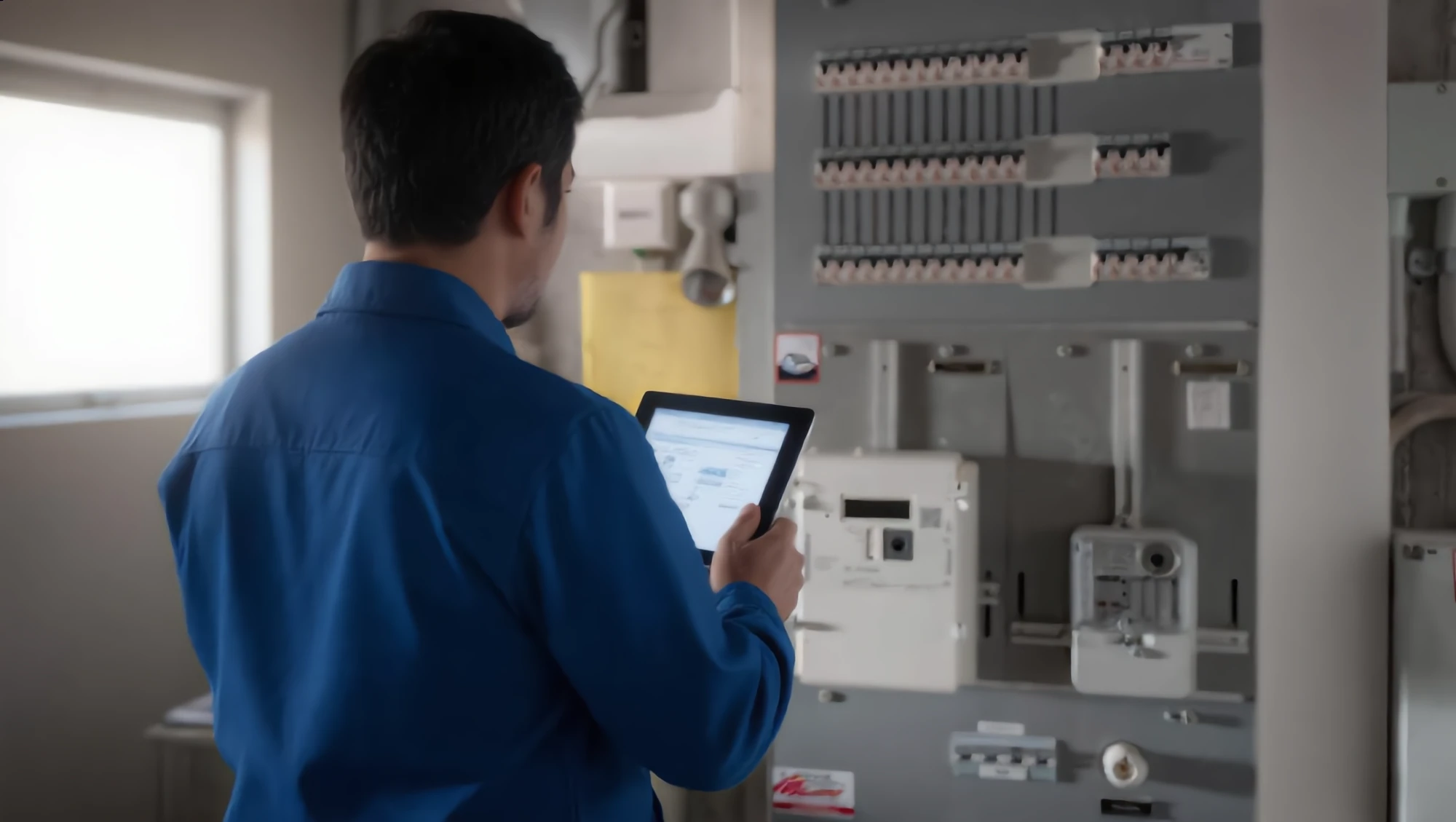 Un expert consulte sa tablette devant le tableau électrique d’un bâtiment lors d’une expertise.