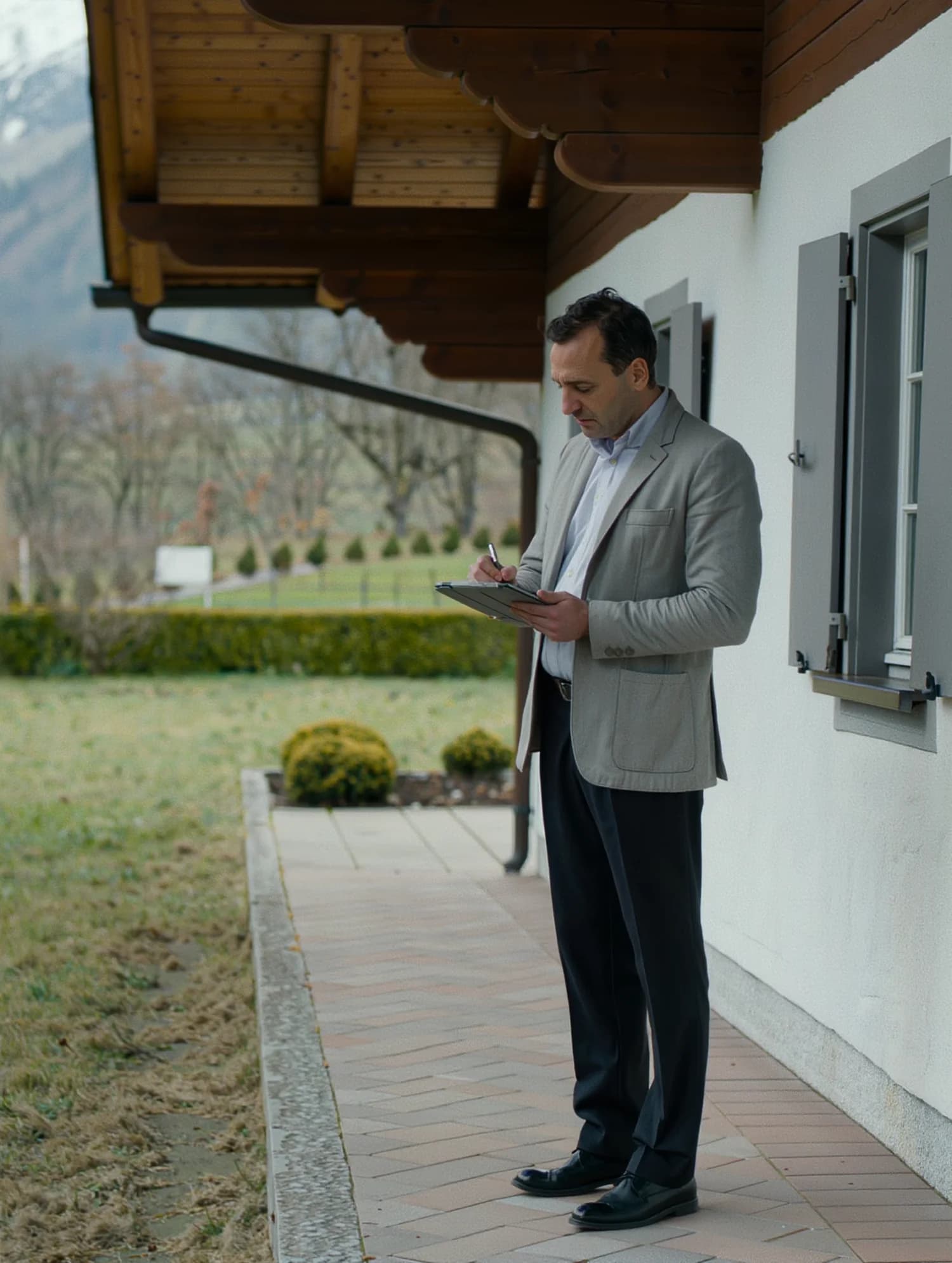 Un expert indépendant relève des constats lors d’une visite sur place, devant une habitation en Suisse romande.