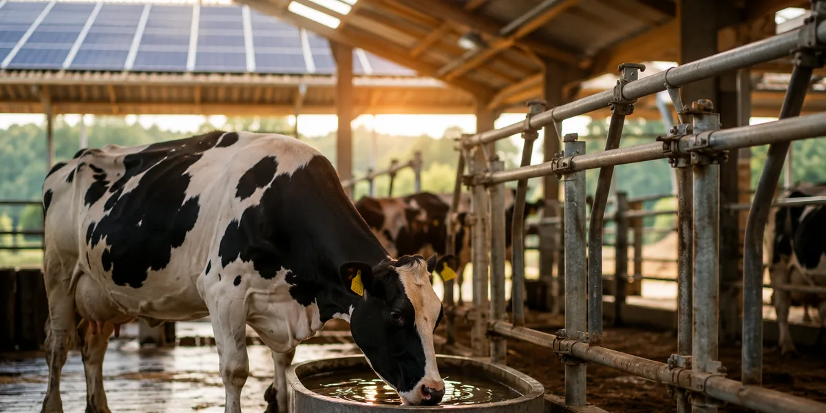 Vache buvant à un abreuvoir métallique dans une étable équipée de panneaux photovoltaïques en toiture