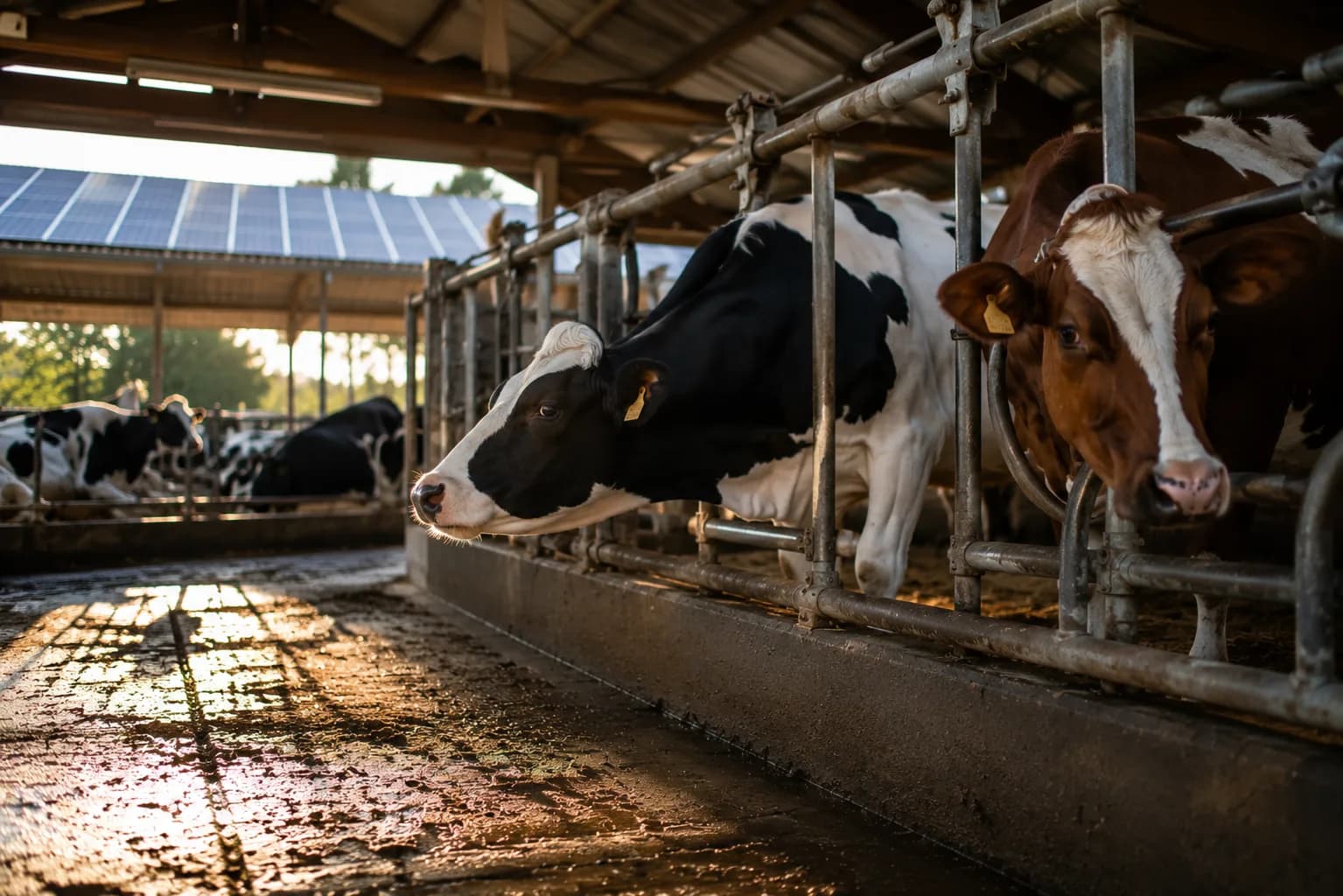 Vaches à l'auge dans une étable équipée de panneaux photovoltaïques en toiture