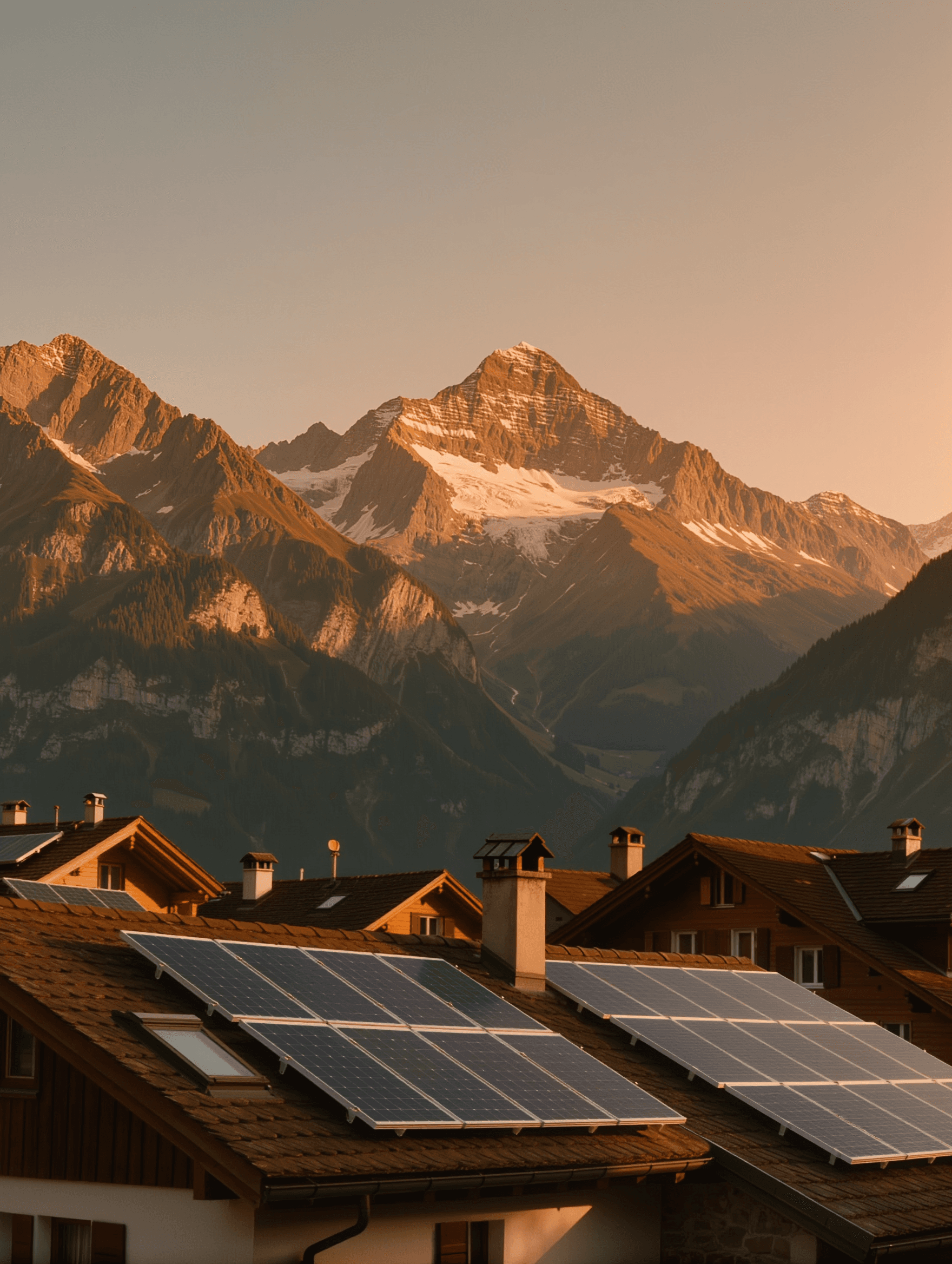 Vue de toits suisses équipés de panneaux photovoltaïques au coucher de soleil, Alpes en arrière-plan